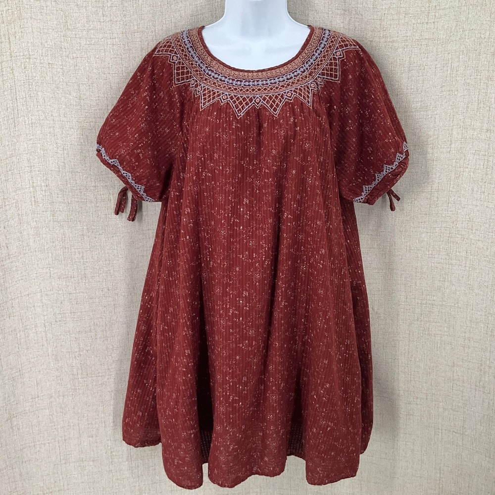 Madewell Dress Womens L Red Cotton Embroidered Boho Floral Babydoll Peasant Airy